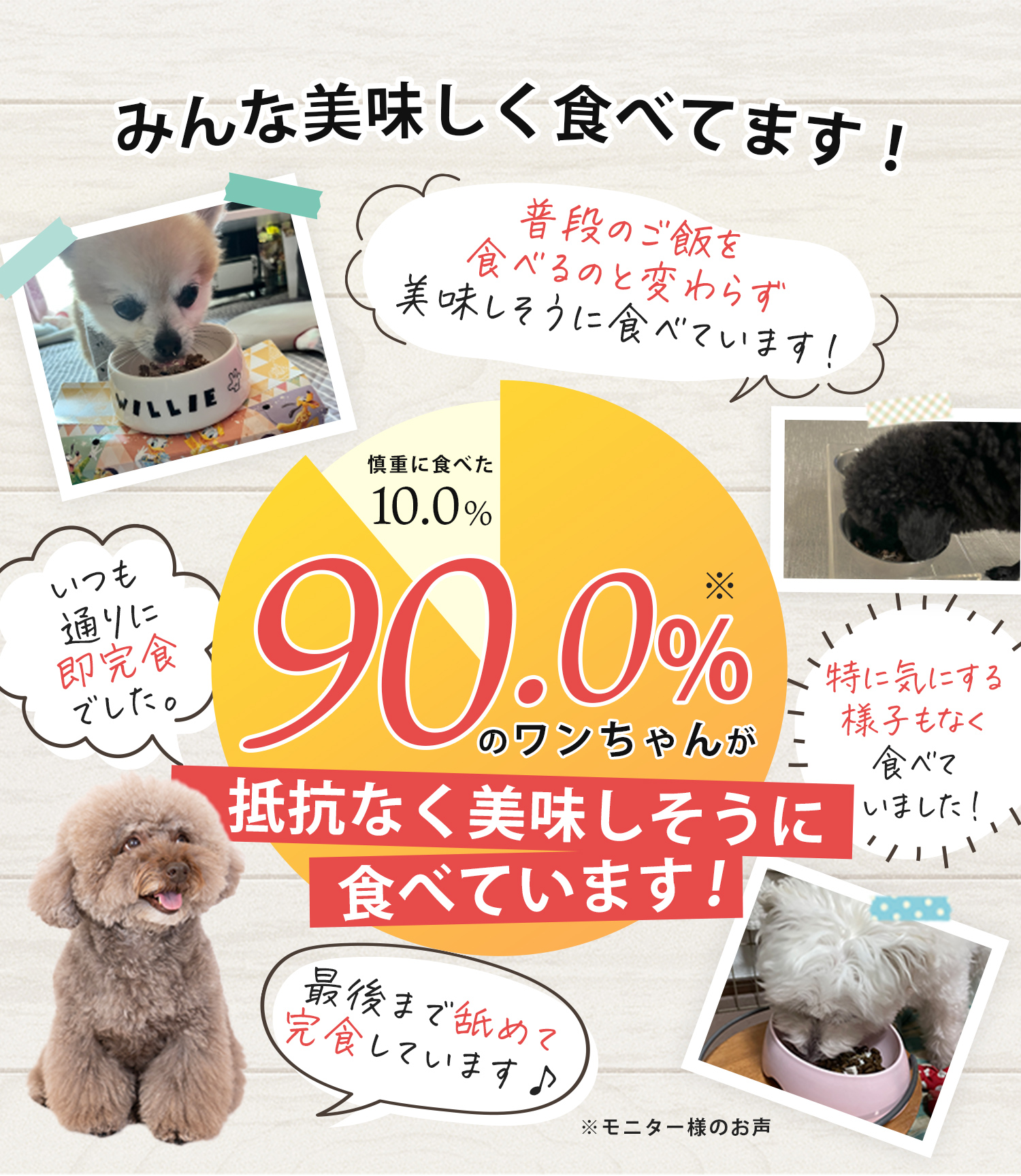 みんな美味しく食べてます！87.9%のワンちゃんが抵抗なく美味しそうに食べています！